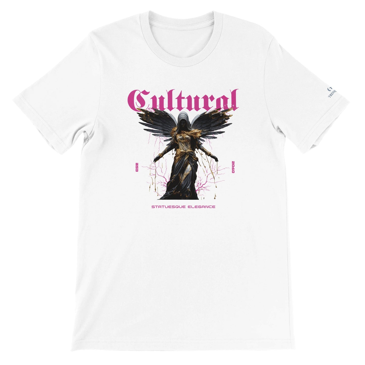 weißes premium unisex t-shirt mit "cultural" schriftzug und engel-grafik, aus weicher, hochwertiger airlume-baumwolle, ideal für dtg-druck und streetwear.