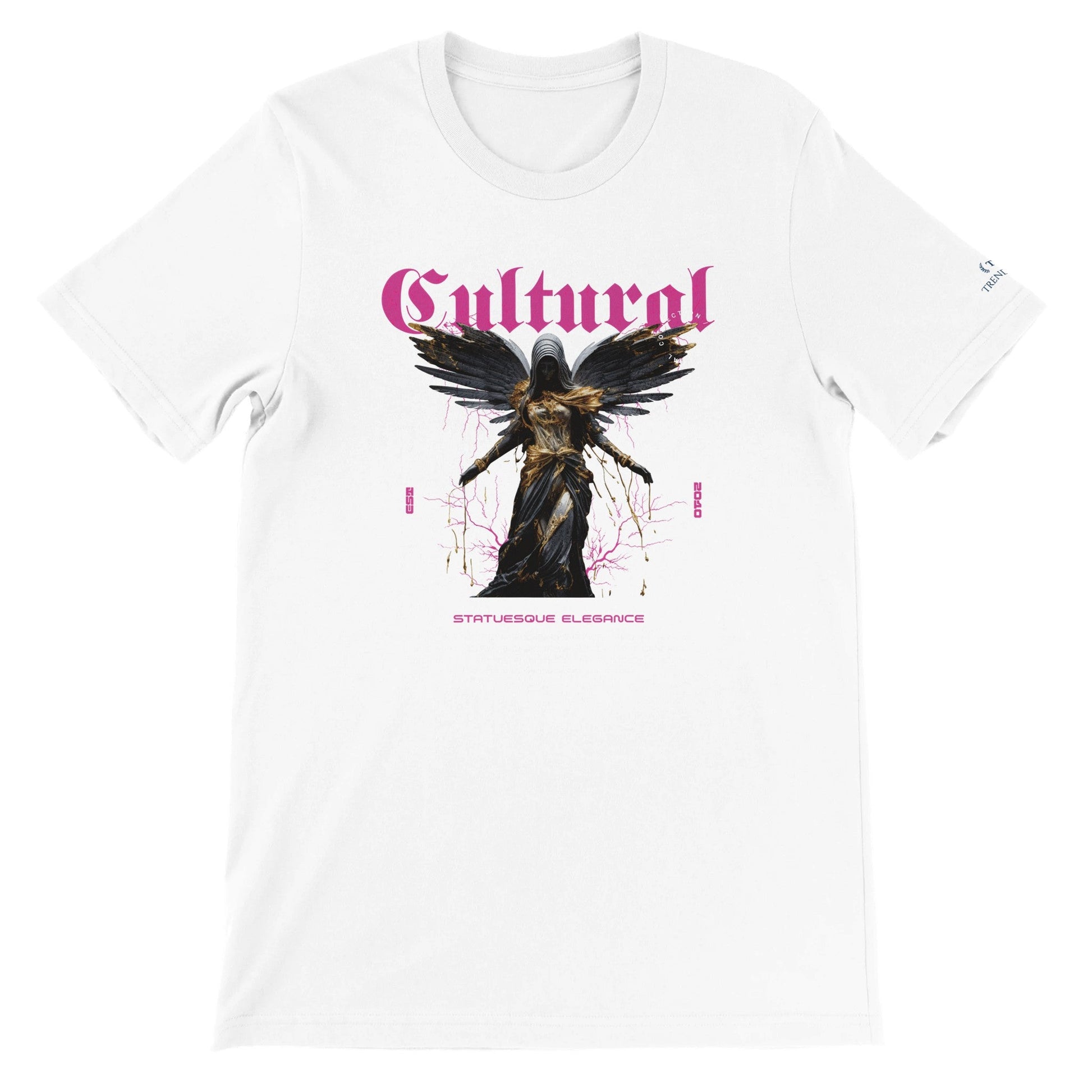Weißes Premium Unisex T-Shirt mit "Cultural" Schriftzug und Engel-Grafik, aus weicher, hochwertiger Airlume-Baumwolle, ideal für DTG-Druck und Streetwear.