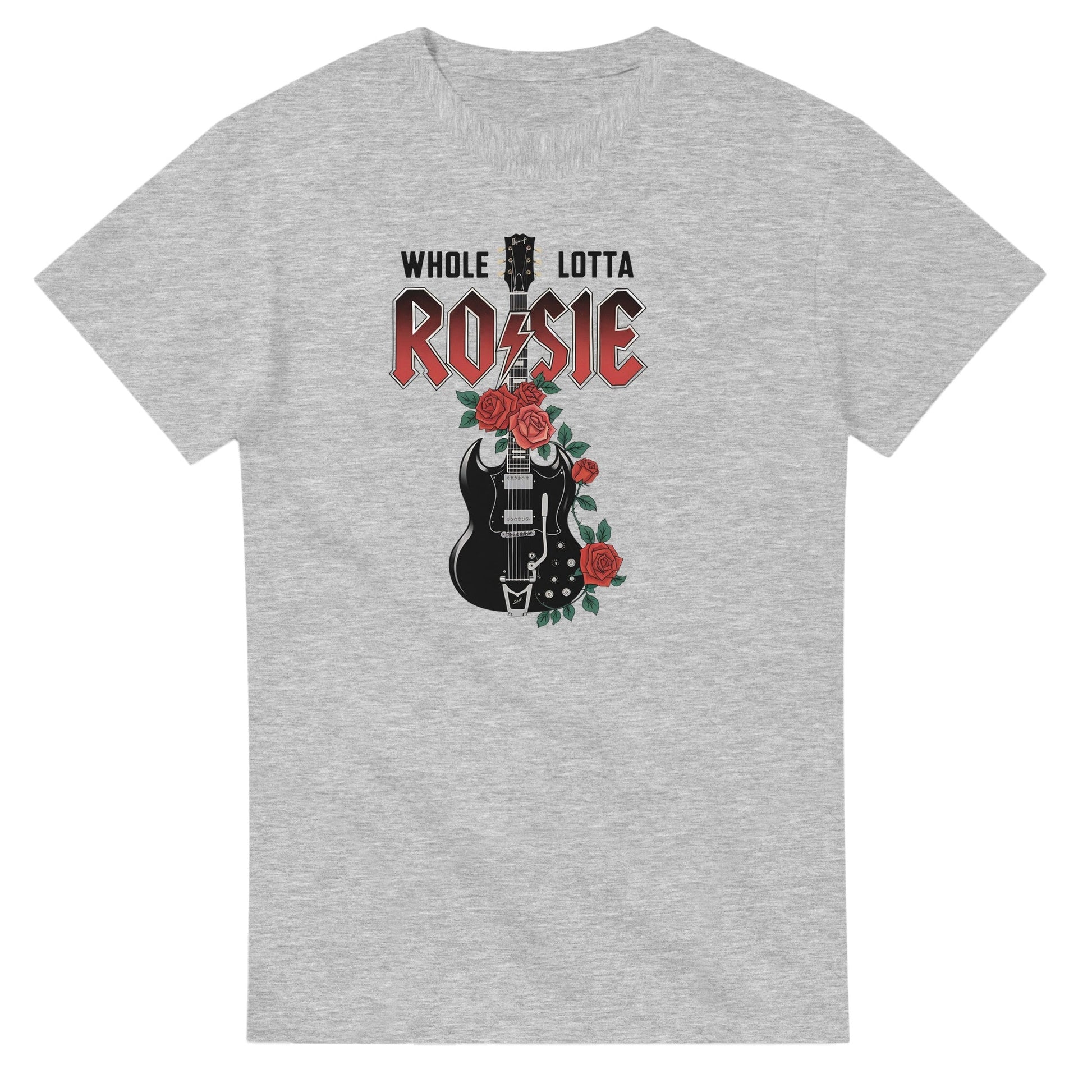 Gray AC DC T-Shirt featuring "Whole Lotta Rosie" guitar and rose design, classic fit, heavyweight cotton for everyday wear