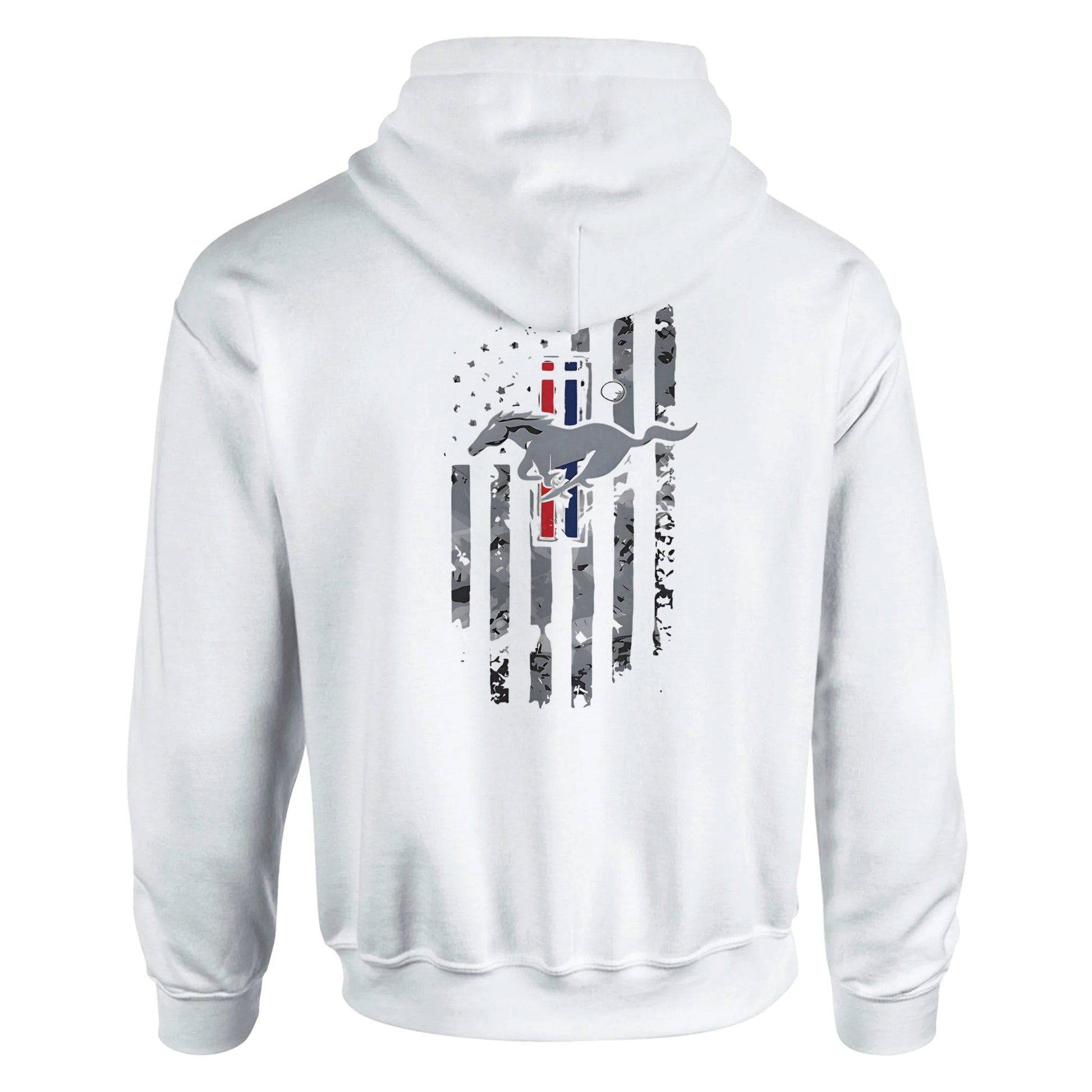 White unisex hoodie with a stylized Mustang horse and vertical stripes design on the back, perfect for car enthusiasts.