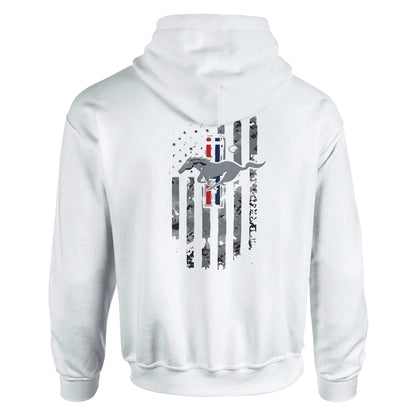 White unisex hoodie with a stylized Mustang horse and vertical stripes design on the back, perfect for car enthusiasts.