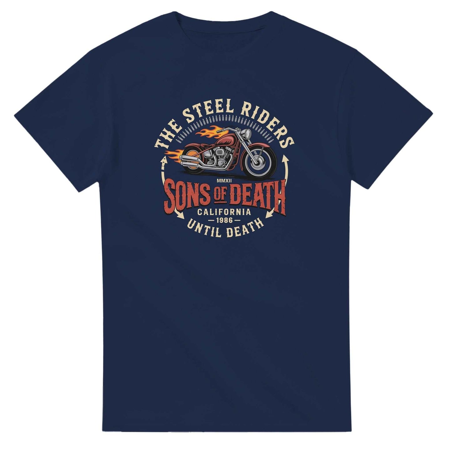 navy biker t-shirt mit motorrad-design, schwere baumwolle, klassische passform, langlebig für motorrad-enthusiasten