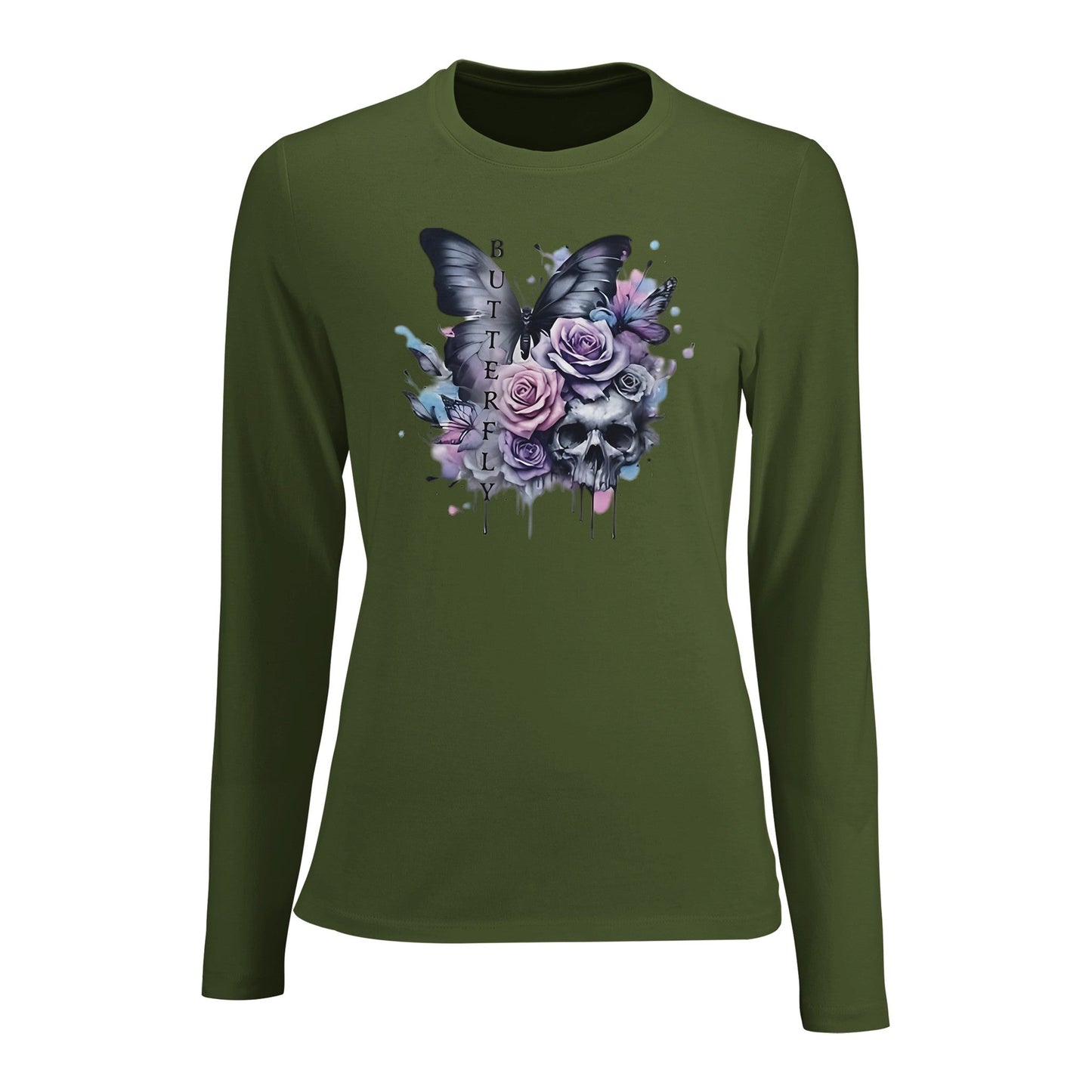 damen langärmliges, figurnahes t-shirt mit schmetterlings- und totenkopfmotiv in olivgrün, aus hochwertigem premium-material.