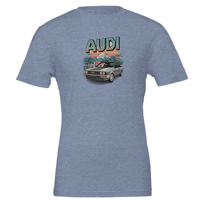 Oldschool T-shirt with vintage Audi car graphic on blue cotton fabric