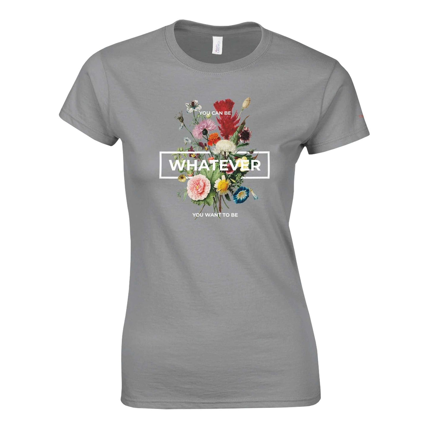 whatever womens crewneck t-shirt gray with floral design and text "whatever" front view
