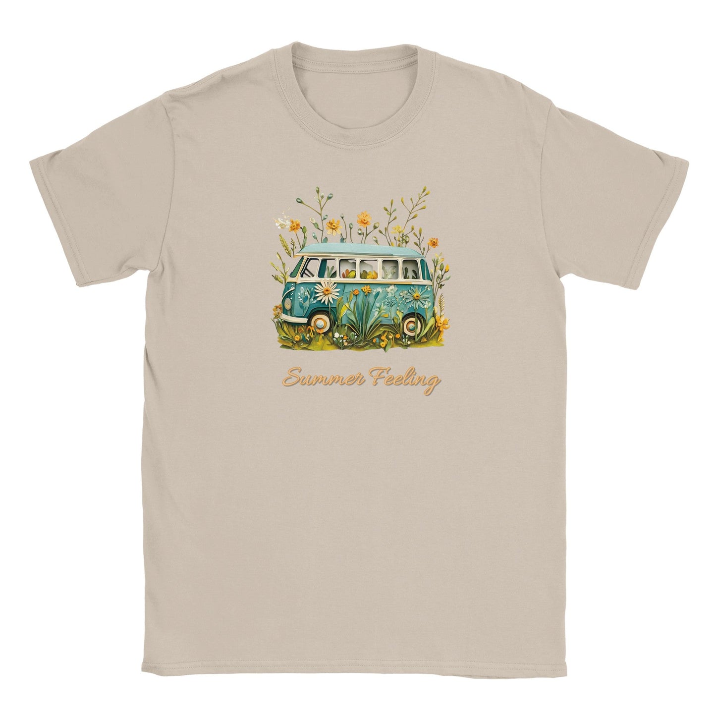 beiges sommer t-shirt mit bully camper motiv und sommerlichem stranddesign, weich und bequem.