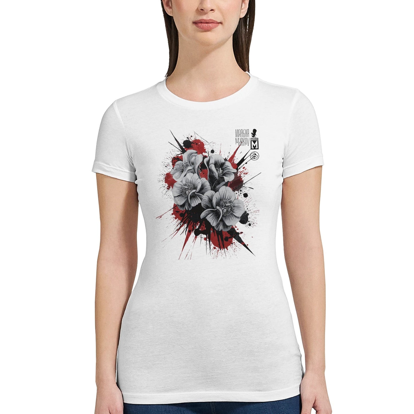 weißes blütenzauber premium t-shirt mit auffälligem schwarzem und rotem blumenmotiv, aus atmungsaktiver baumwolle, damenmodell