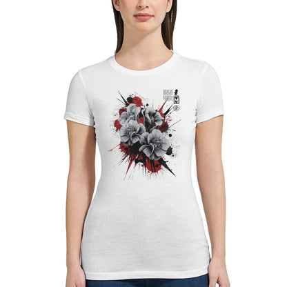 Weißes Blütenzauber Premium T-Shirt mit auffälligem schwarzem und rotem Blumenmotiv, aus atmungsaktiver Baumwolle, Damenmodell