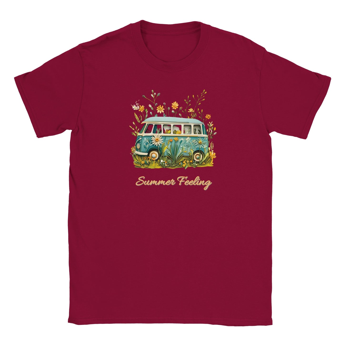 sommer t-shirt in bordeaux mit bully camper und blumenmotiven, weich und bequem für strand und freizeit
