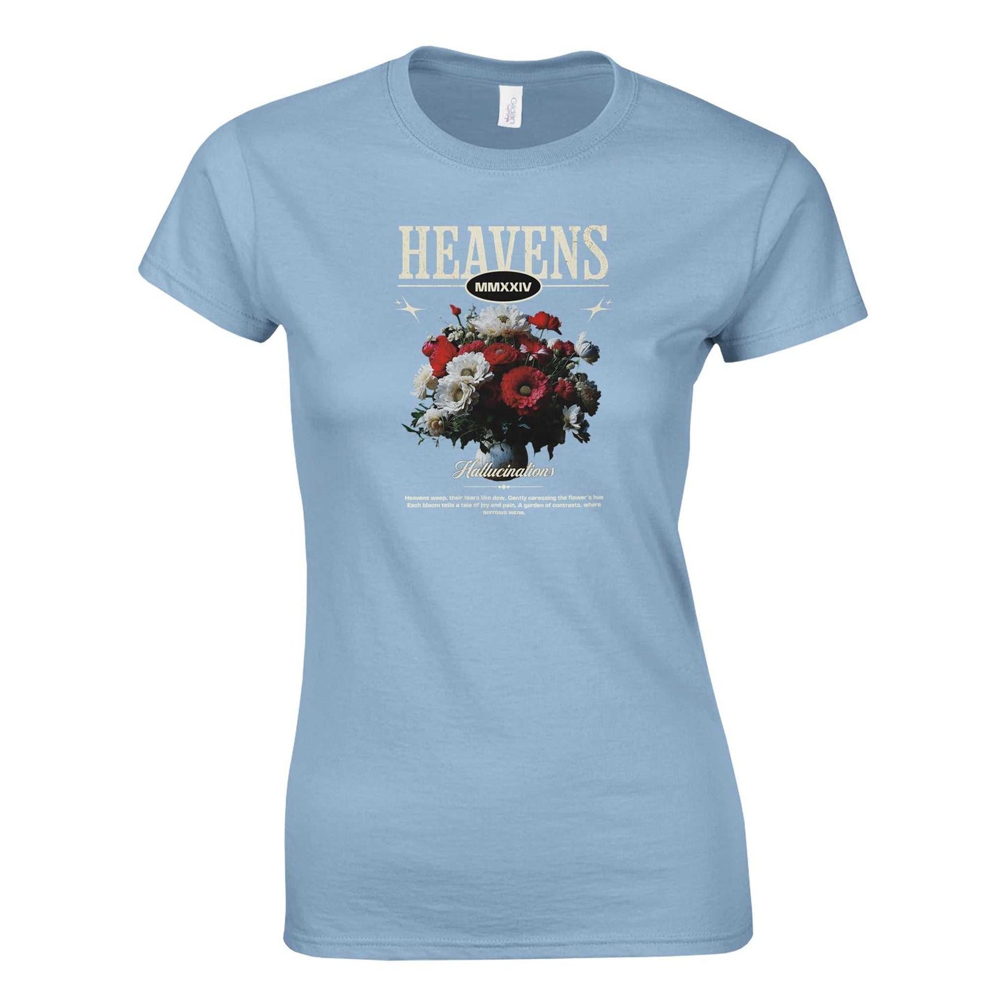 hellblaues gildan® 64000l damen-t-shirt mit blumenmuster und heavens aufdruck in streetwear-stil