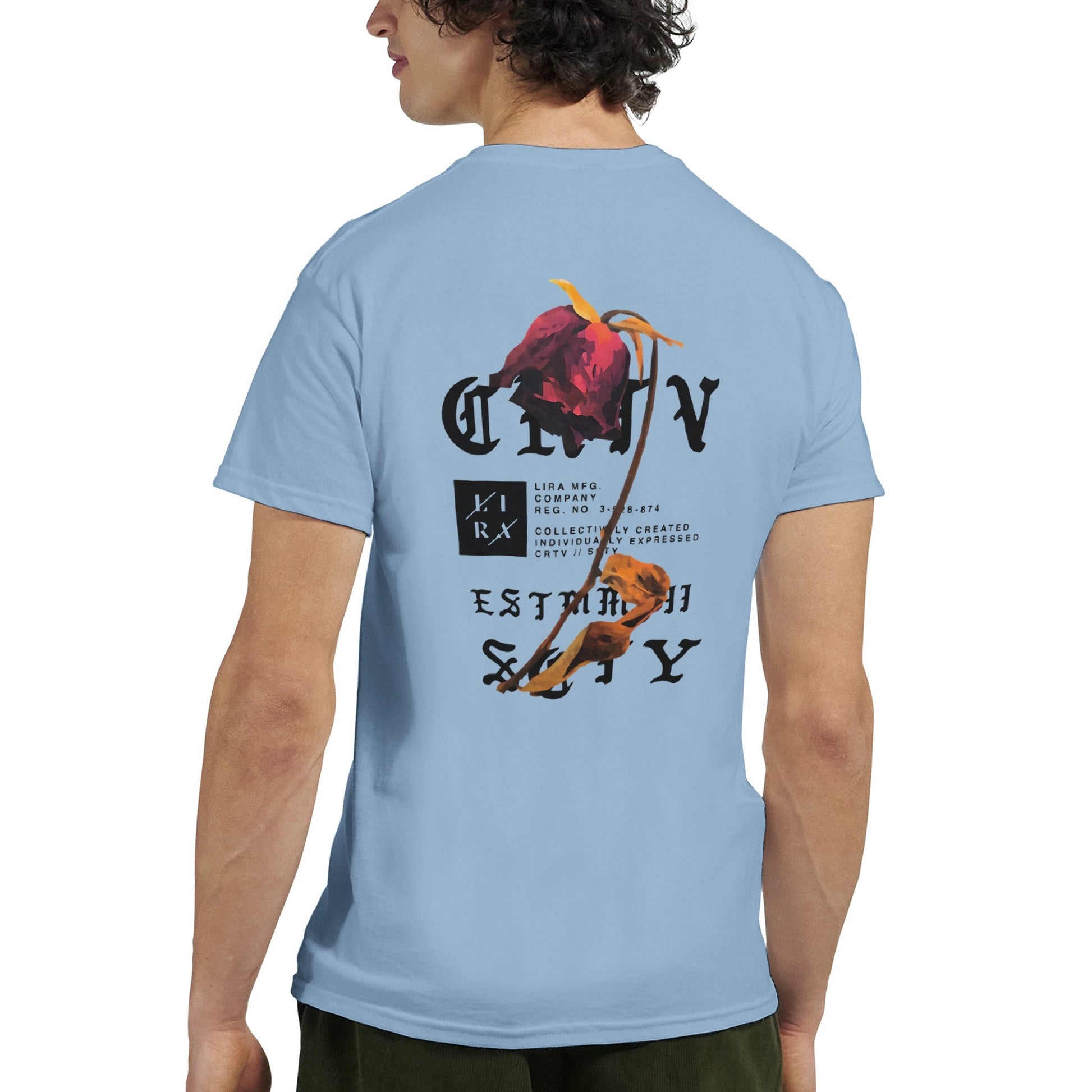 Lira Streetart Unisex T-Shirt light blue with graphic rose and text design on the back, made of 100% cotton, durable double-stitched collar and hems