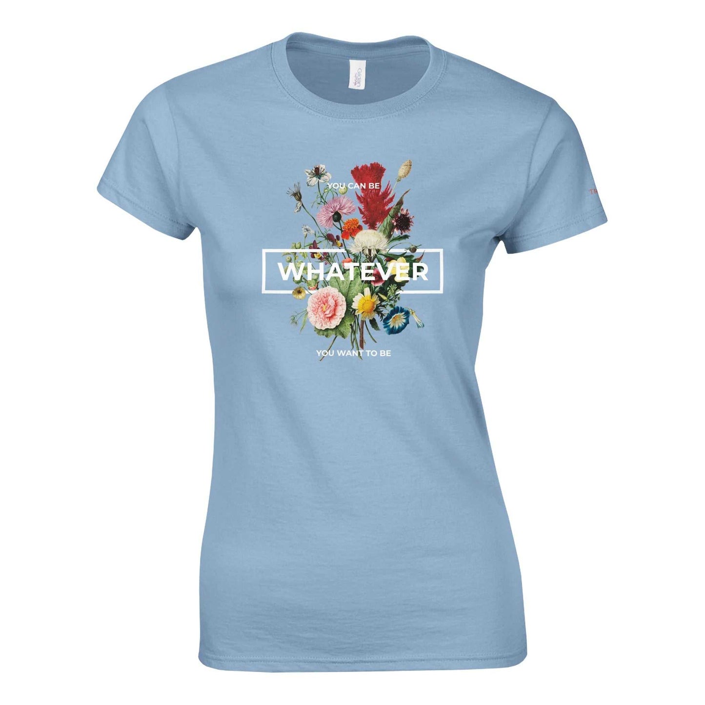 whatever womens crewneck t-shirt light blue with floral graphic and soft cotton fabric