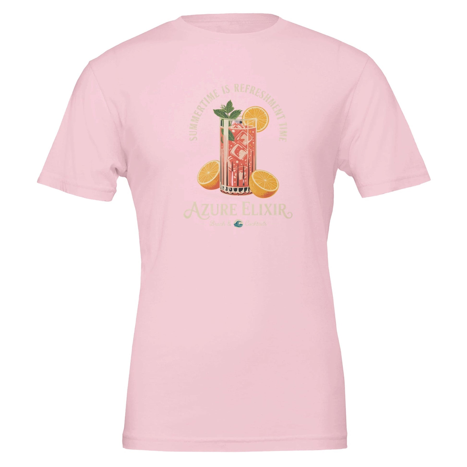 Unisex rosa Sommer T-Shirt mit Cocktail-Print, weich und atmungsaktiv, ideal für Strand und Bar.