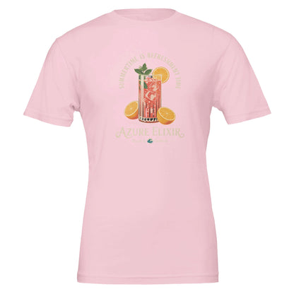 Rosa unisex Sommer T-Shirt mit sommerlichem Cocktail-Motiv, weich und atmungsaktiv für Strand und Bar.