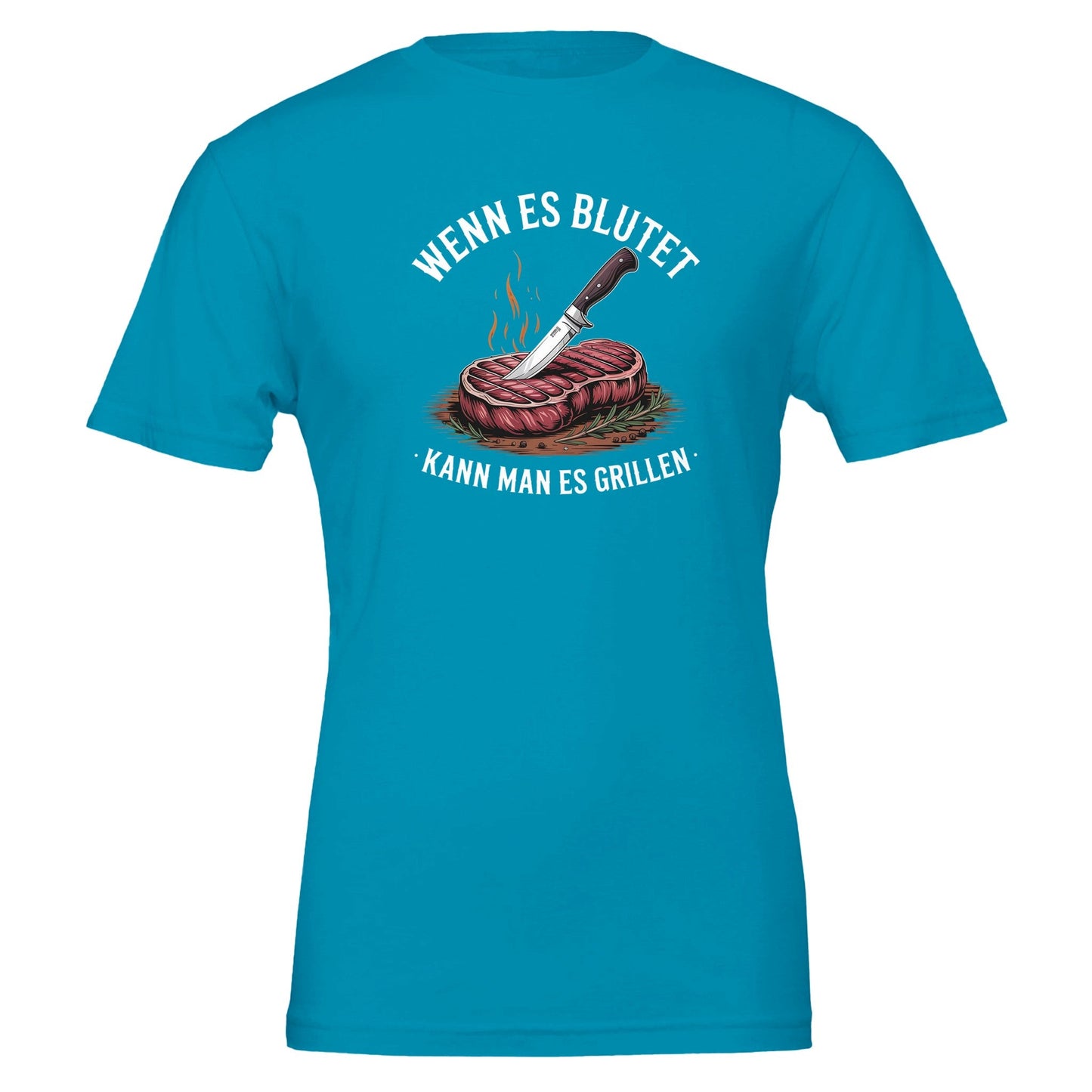 blaues grill t-shirt mit aufdruck "wenn es blutet, kann man es grillen", weich, robust, unisex aus umweltfreundlicher baumwolle, ideal für garten und party.