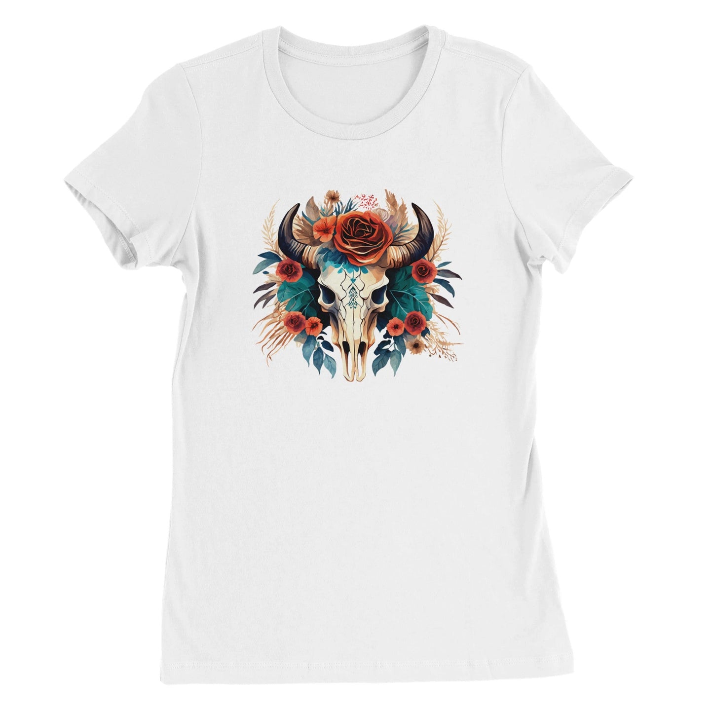 premium texas flower t-shirt mit stilvollem büffelschädel und blumenmotiv auf weißem baumwollshirt