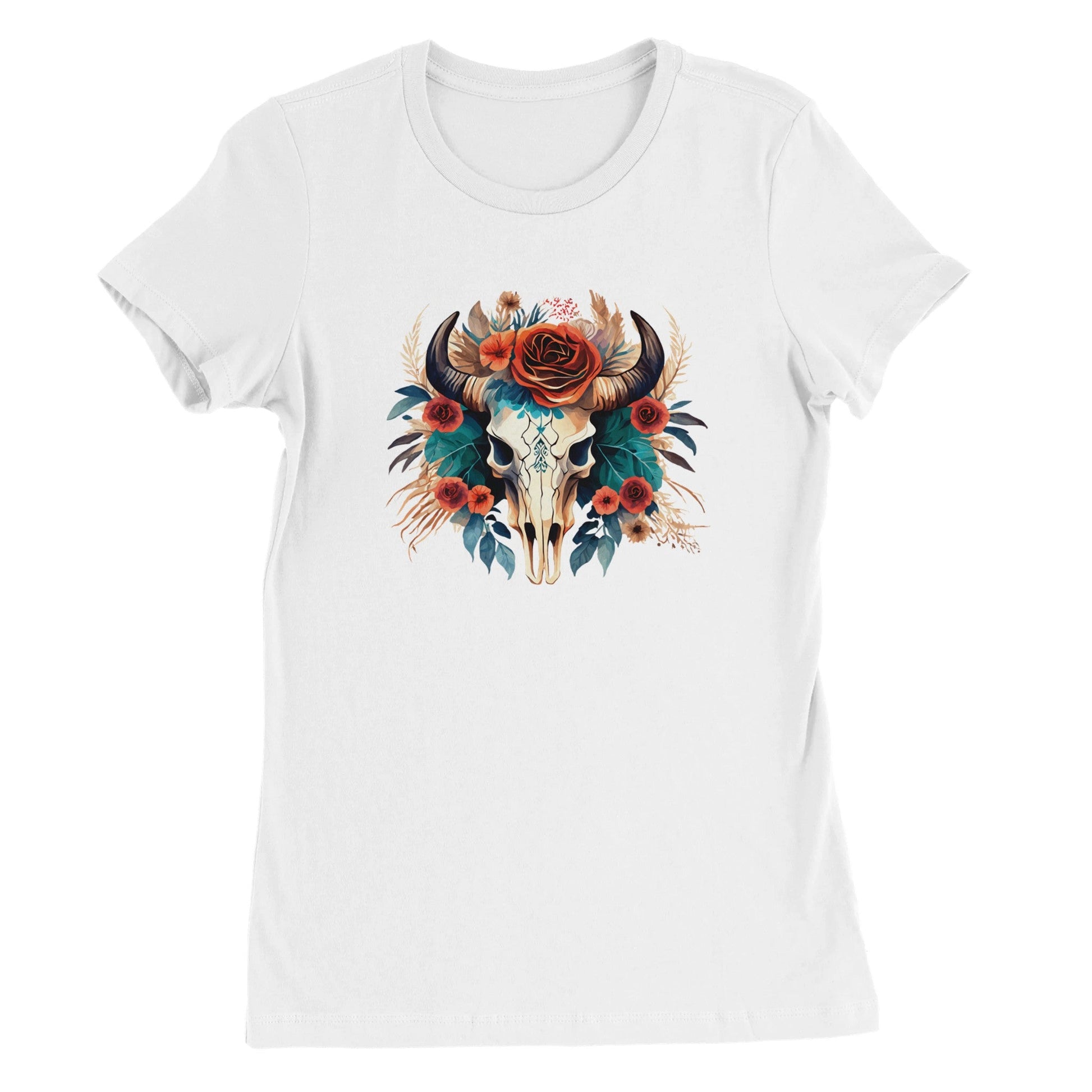 Premium Texas Flower T-Shirt mit stilvollem Büffelschädel und Blumenmotiv auf weißem Baumwollshirt
