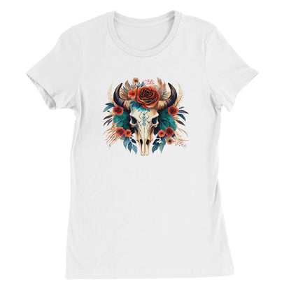 Premium Texas Flower T-Shirt mit stilvollem Büffelschädel und Blumenmotiv auf weißem Baumwollshirt