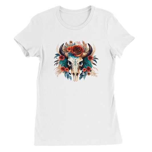 Premium Texas Flower T-Shirt mit stilvollem Büffelschädel und Blumenmotiv auf weißem Baumwollshirt