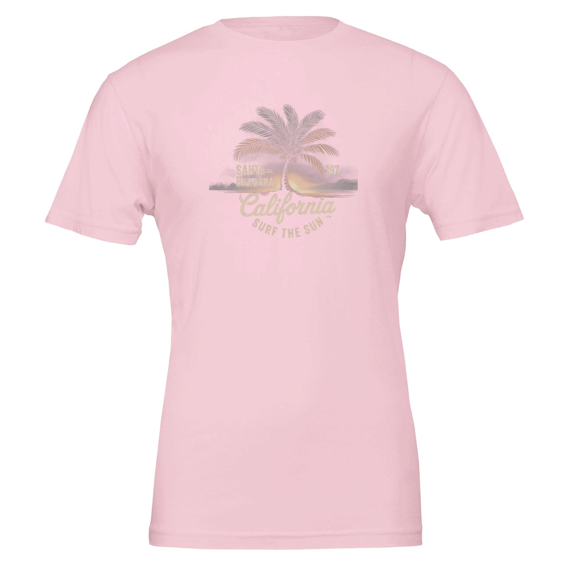 Pink Surfer T-Shirt Sommer with California palm tree design, soft eco-friendly cotton, unisex fit, perfect for summer