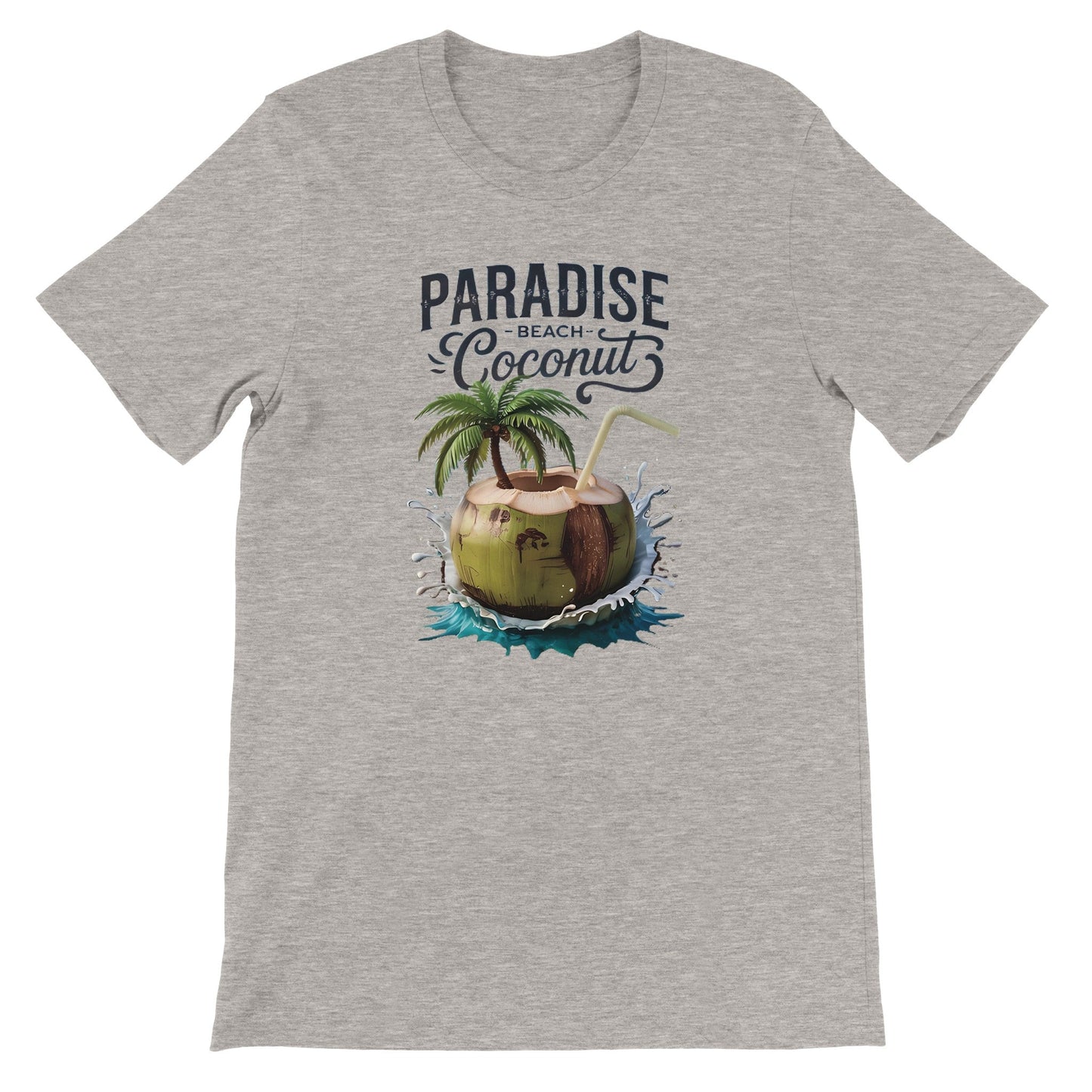 graues sommer t-shirt mit tropischem kokosnuss-strand-print und schriftzug paradise beach coconut