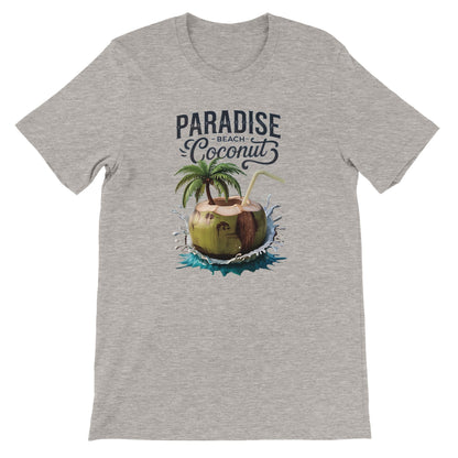 graues Sommer T-shirt mit tropischem Kokosnuss-Strand-Print und Schriftzug Paradise Beach Coconut