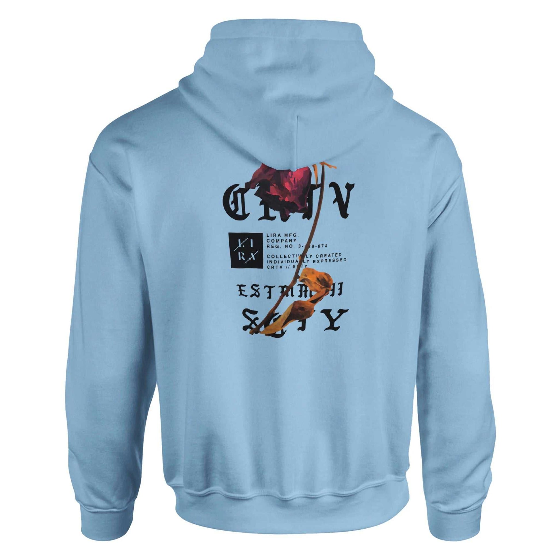 Light blue Lira Streetwear Hoodie with graphic design on back, soft cotton-polyester blend, double-lined hood, front pouch pocket, and rib knit cuffs.