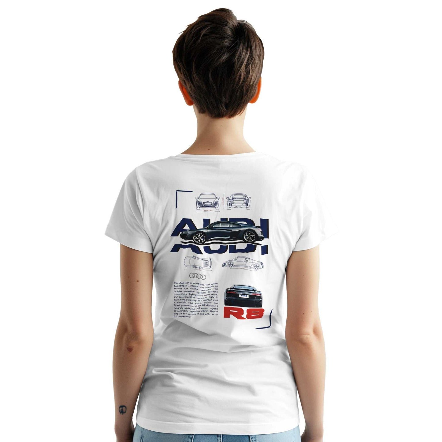 frau trägt weißes audi liebhaber t-shirt mit r8 auto-design hinten, bequem, 100% baumwolle, unisex, stylisch und langlebig