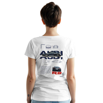 Frau trägt weißes Audi Liebhaber T-Shirt mit R8 Auto-Design hinten, bequem, 100% Baumwolle, unisex, stylisch und langlebig