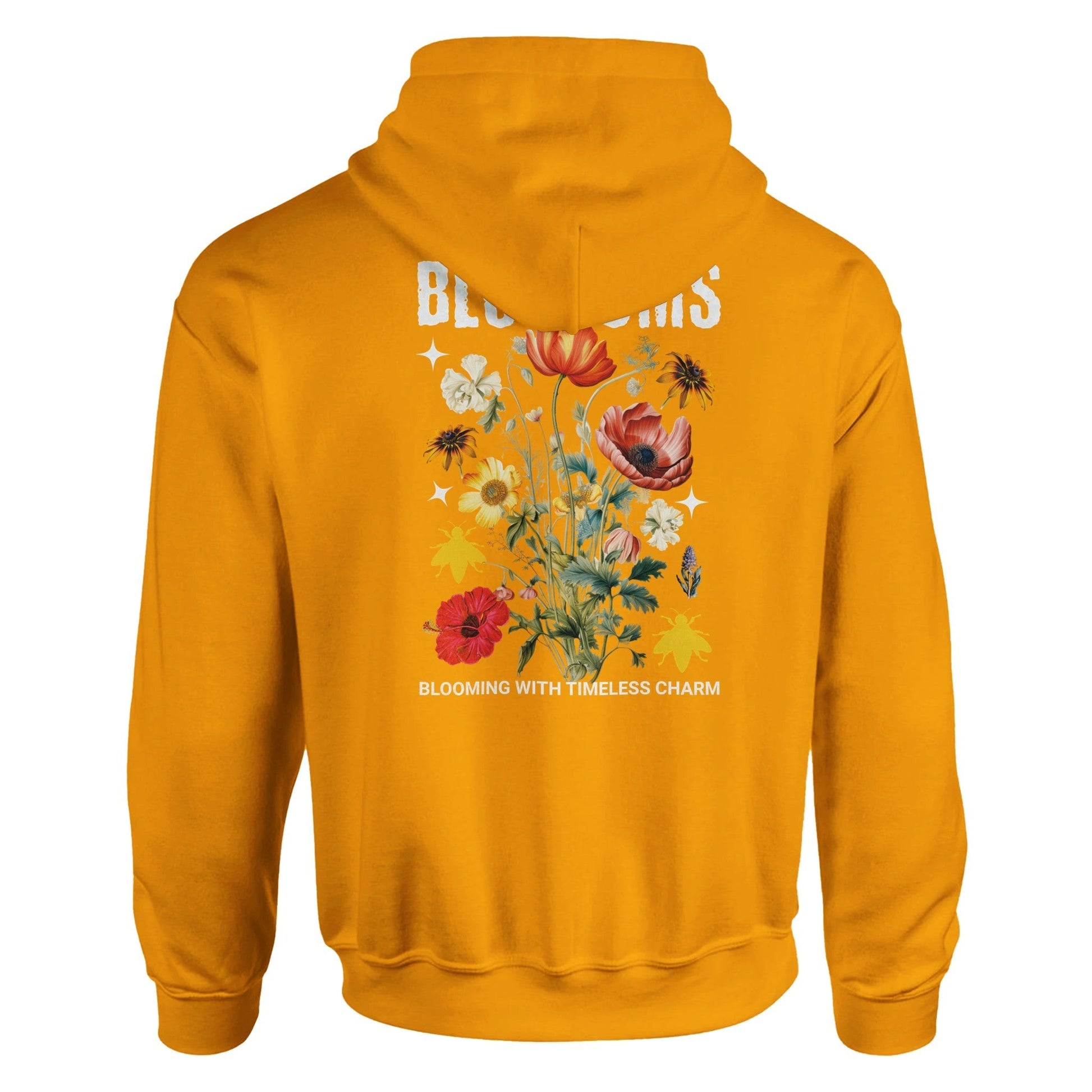 Blossom Streatware Unisex pullover hoodie in mustard yellow with floral graphic on back, soft cotton-poly blend, rib knit cuffs and waistband