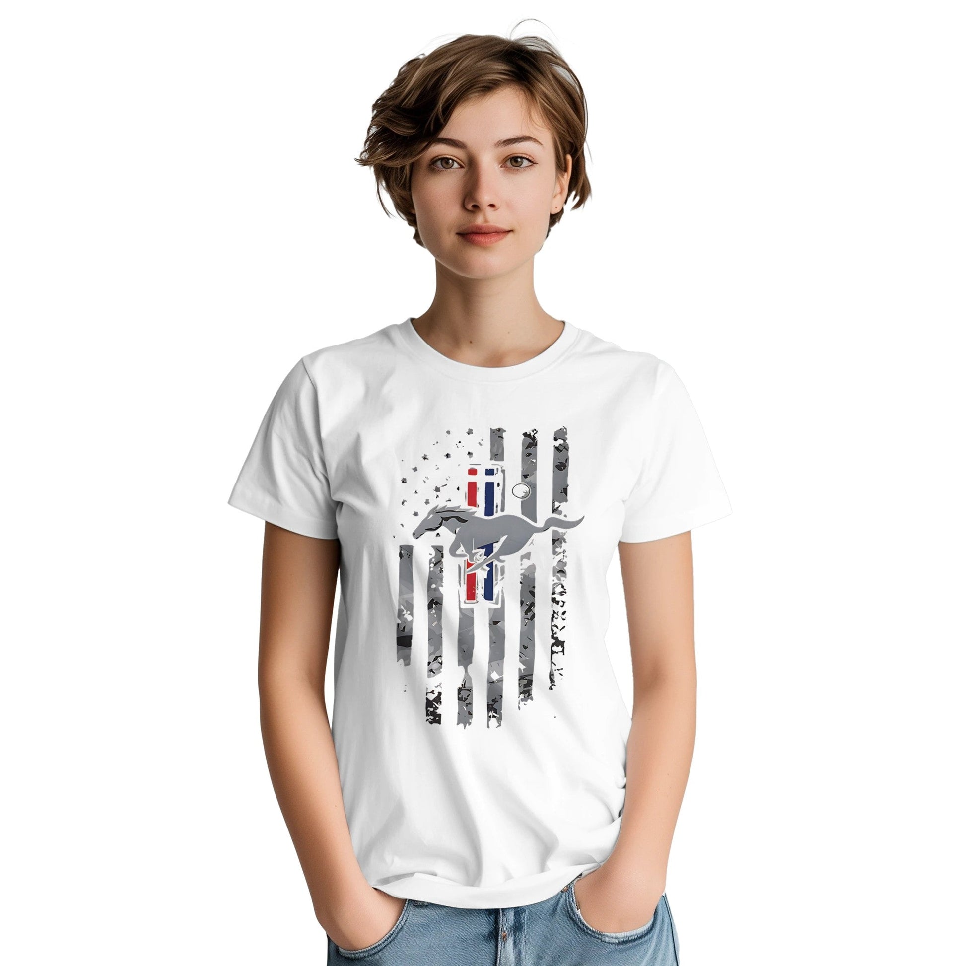 Weißes Horse American T-Shirt Unisex mit amerikanischer Flagge und Pferdemotiv, schwere Baumwolle, klassischer Schnitt
