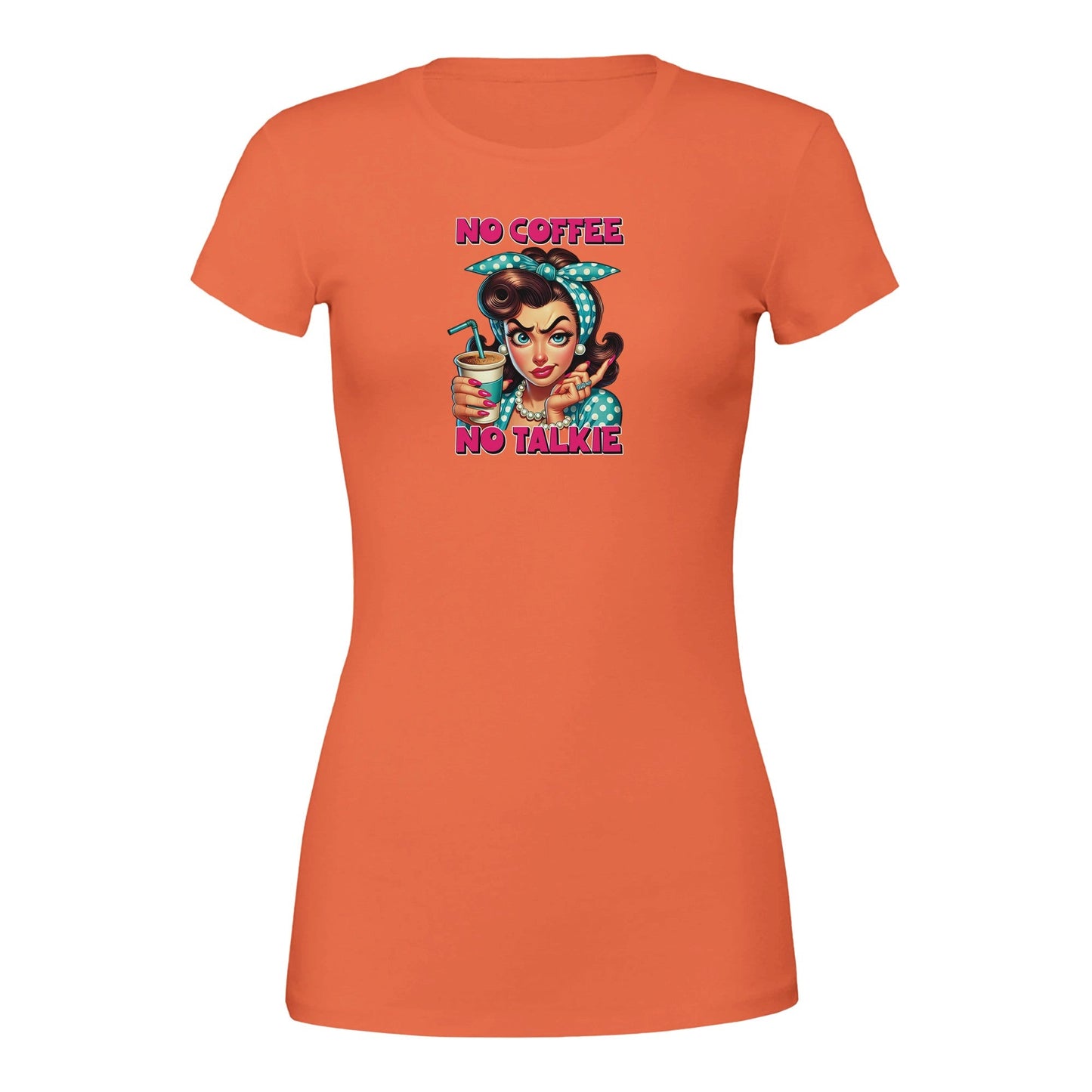 premium damen crewneck t-shirt in orange mit retro-design und "no coffee no talkie" aufdruck, bequemer slim-fit schnitt aus hochwertiger baumwolle