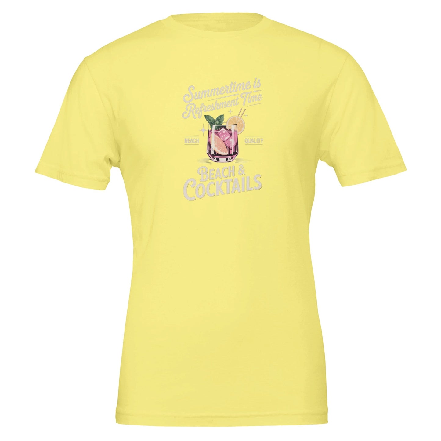 gelbes premium sommer cocktail t-shirt aus weicher, umweltfreundlicher baumwolle mit sommerlichem cocktaildruck und unisex-passform