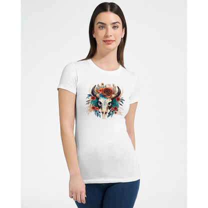 Weißes Premium Texas Flower T-Shirt aus 100% Baumwolle mit taillierter Passform und floralem Bullen-Schädel-Design.