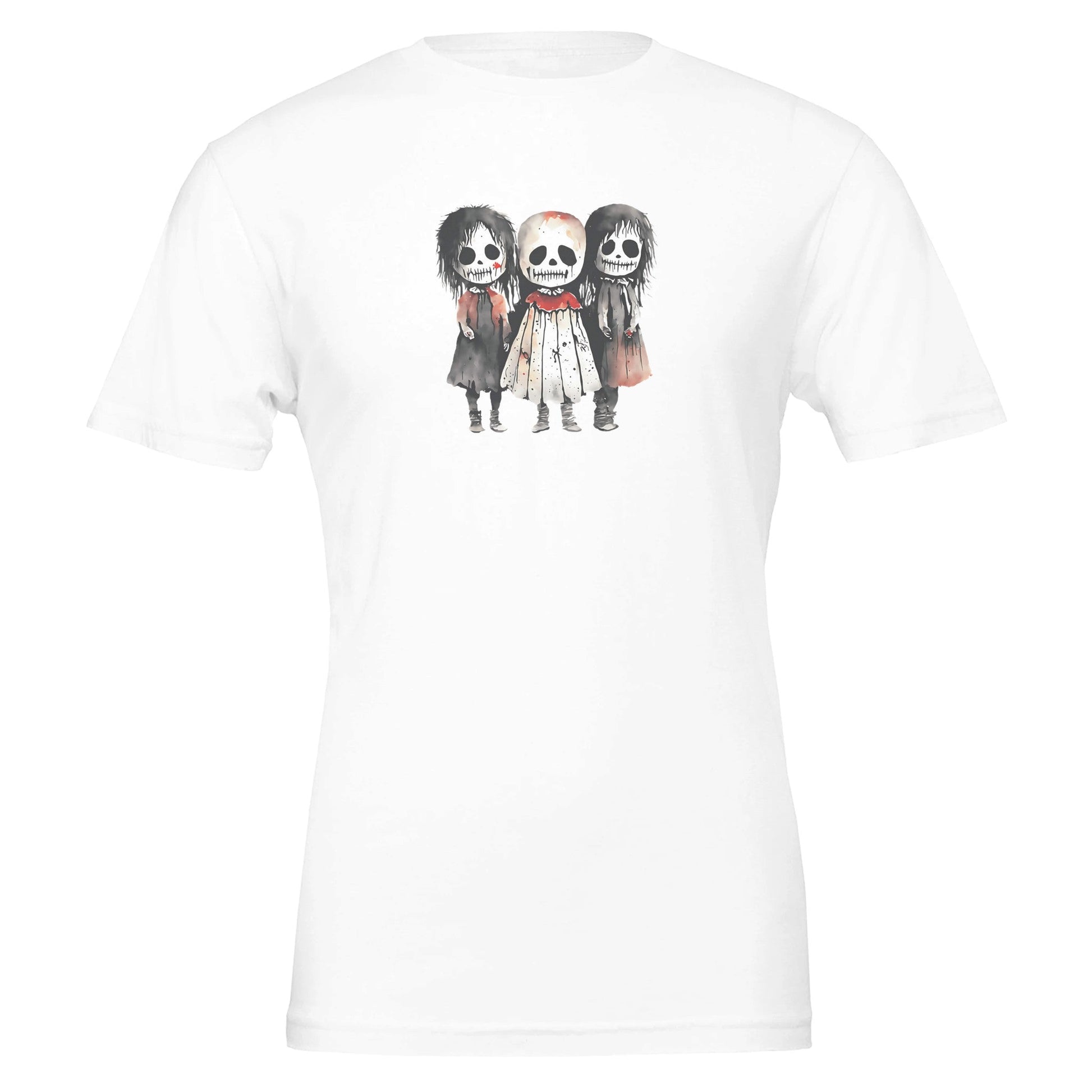 White eco-friendly horror child T-shirt with cute spooky characters and German text "Nicht zum Fürchten" design
