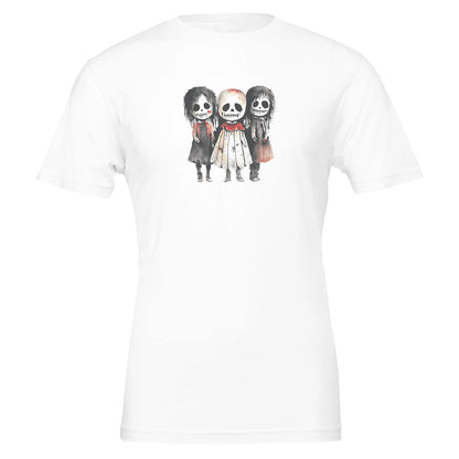 White eco-friendly horror child T-shirt with cute spooky characters and German text "Nicht zum Fürchten" design