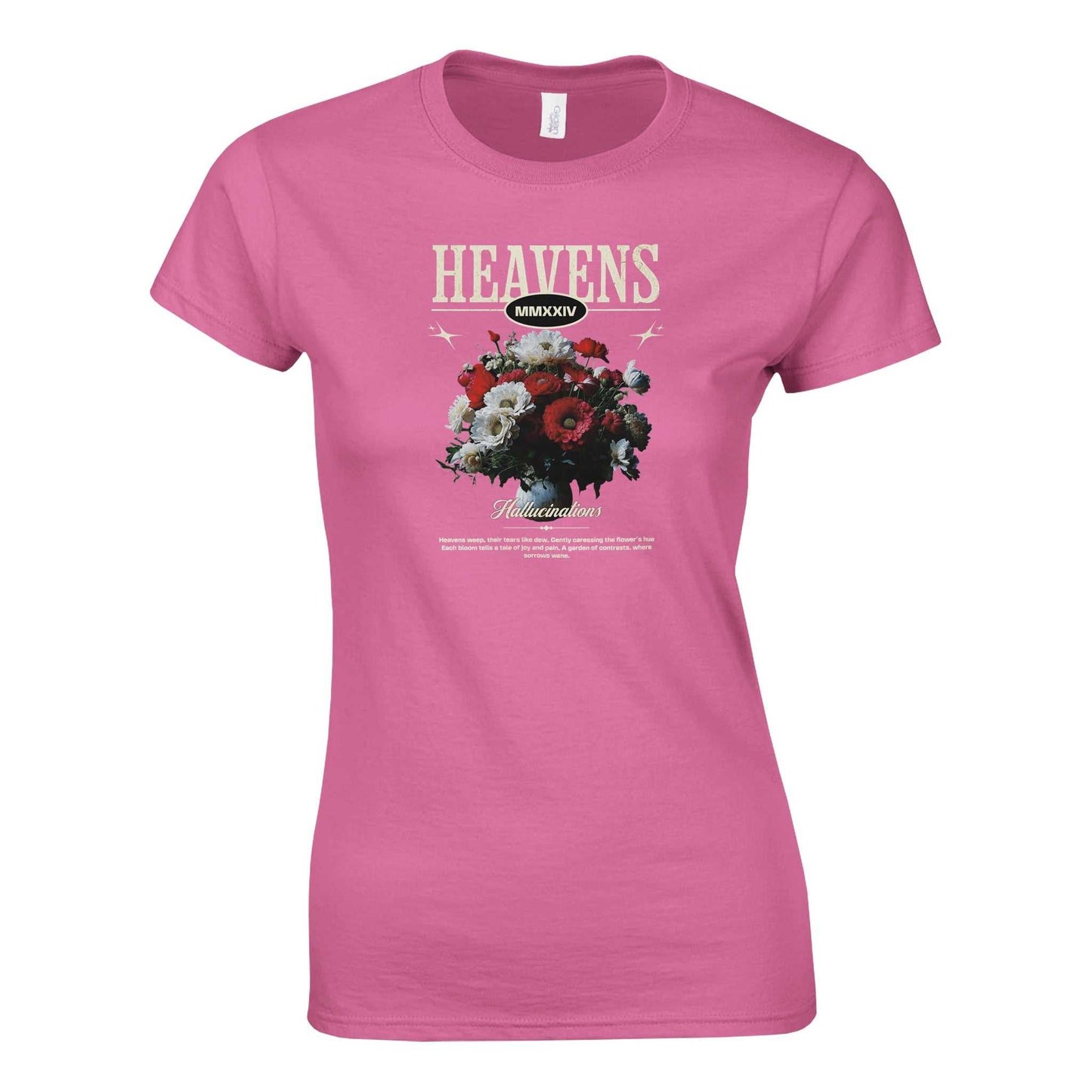 damen gildan® 64000l t-shirt in pink mit floralem heavens crewneck streetwear-design, aus 100% ringgesponnener baumwolle, halbtailliert und langlebig, ideal für alltag und kreatives bedrucken.