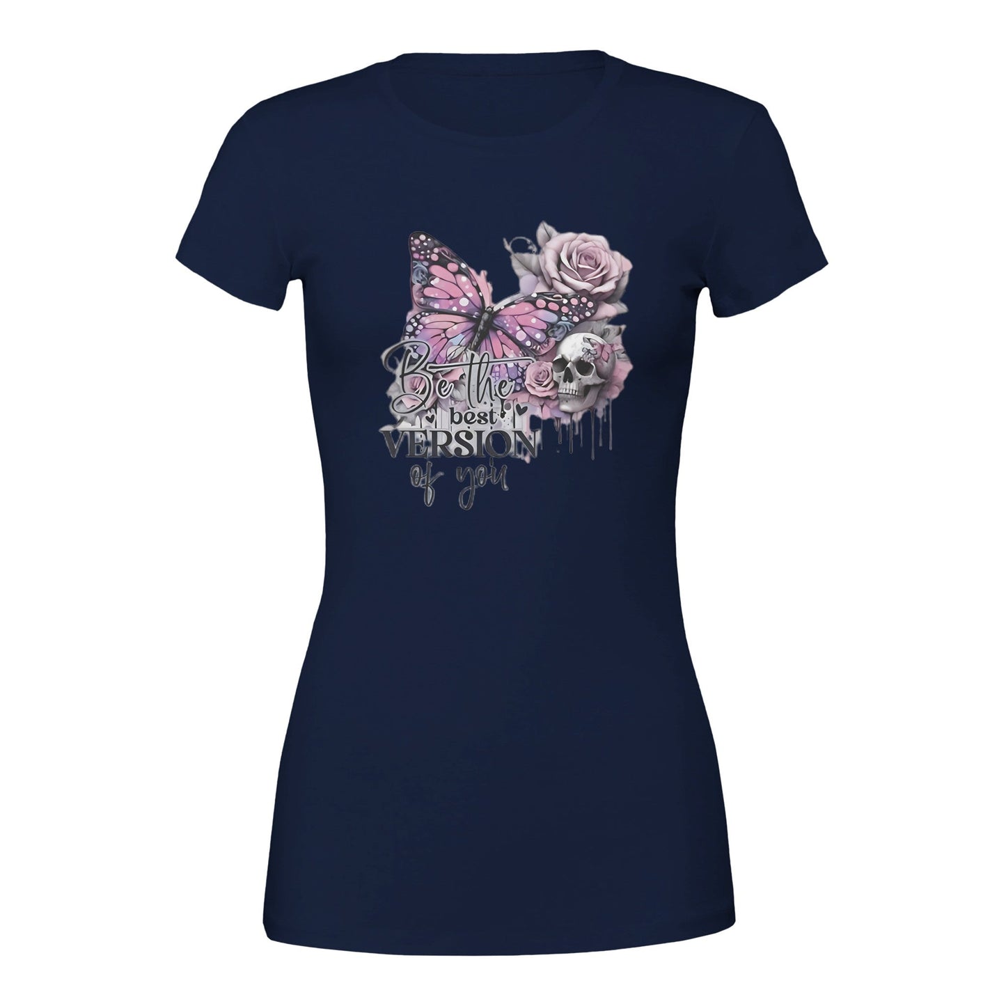 premium damen-crewneck-t-shirt in dunkelblau mit schmetterlings- und rosen-design sowie inspirierendem "best of you"-schriftzug aus weicher baumwolle