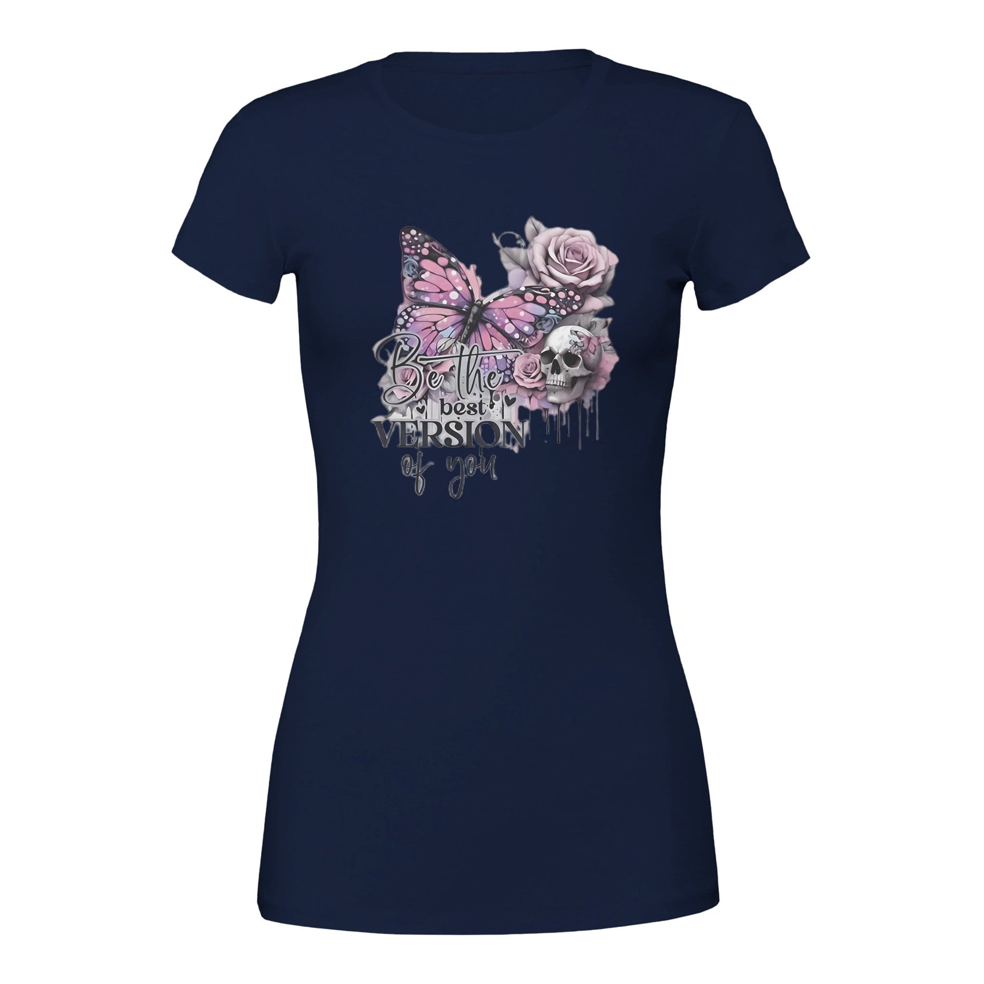 Premium Women's Crewneck T-Shirt navy with "Best of You" butterfly and floral design, soft cotton tee