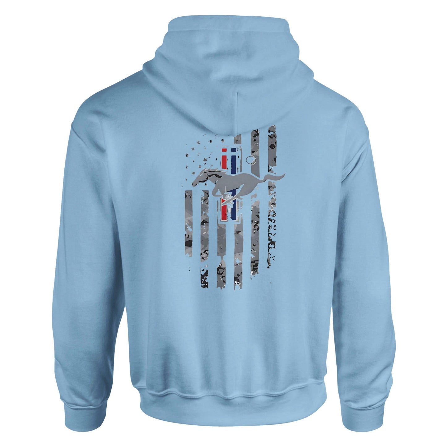 light blue unisex hoodie with stylized mustang horse and flag graphic on the back, perfect for car lovers.