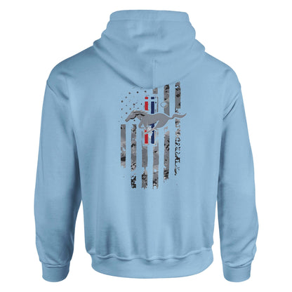 Light blue unisex hoodie with stylized Mustang horse and flag graphic on the back, perfect for car lovers.