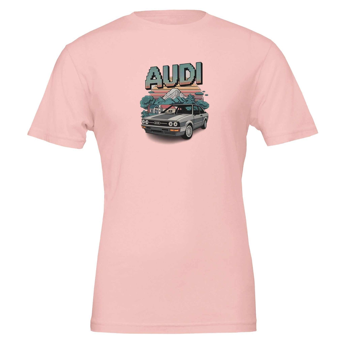 pink premium oldschool t-shirt with pixel art audi car and minecraft style design