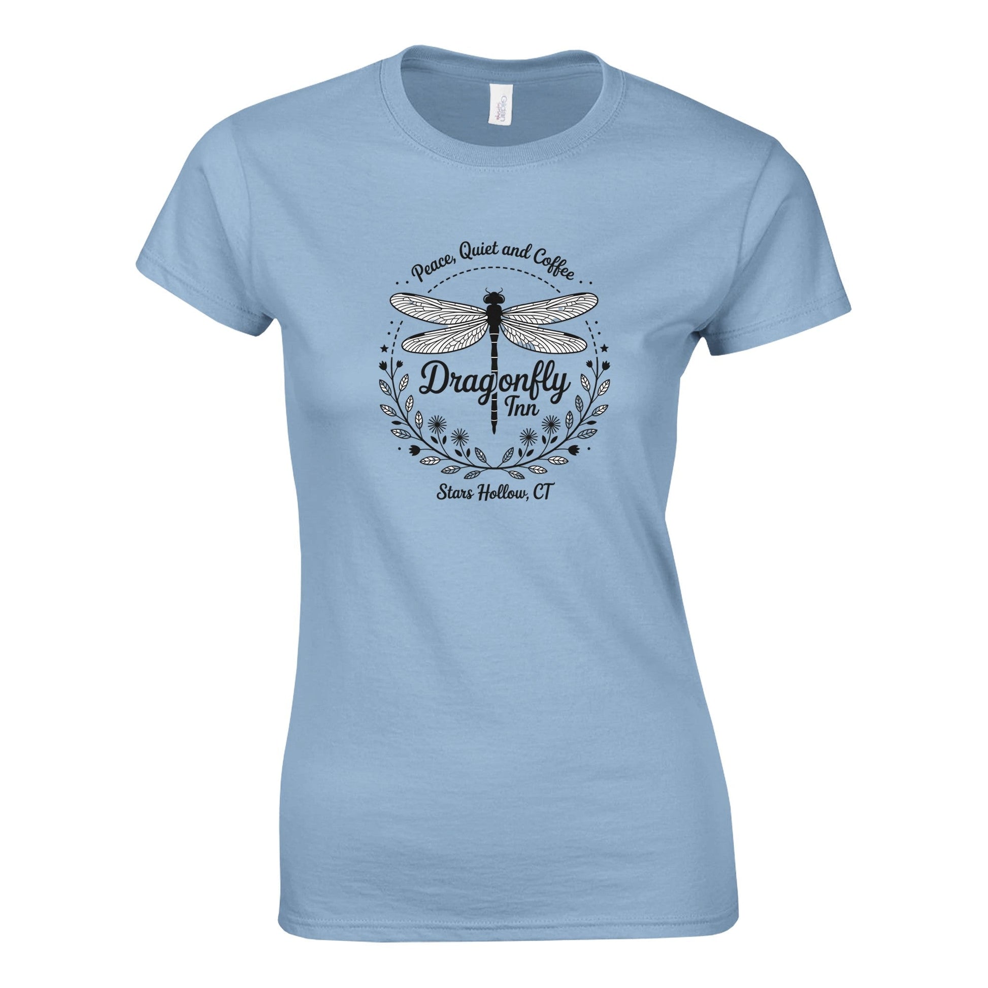 Damen Gilmore Girls T-Shirt in Hellblau mit Dragonfly Inn Design aus 100% Baumwolle