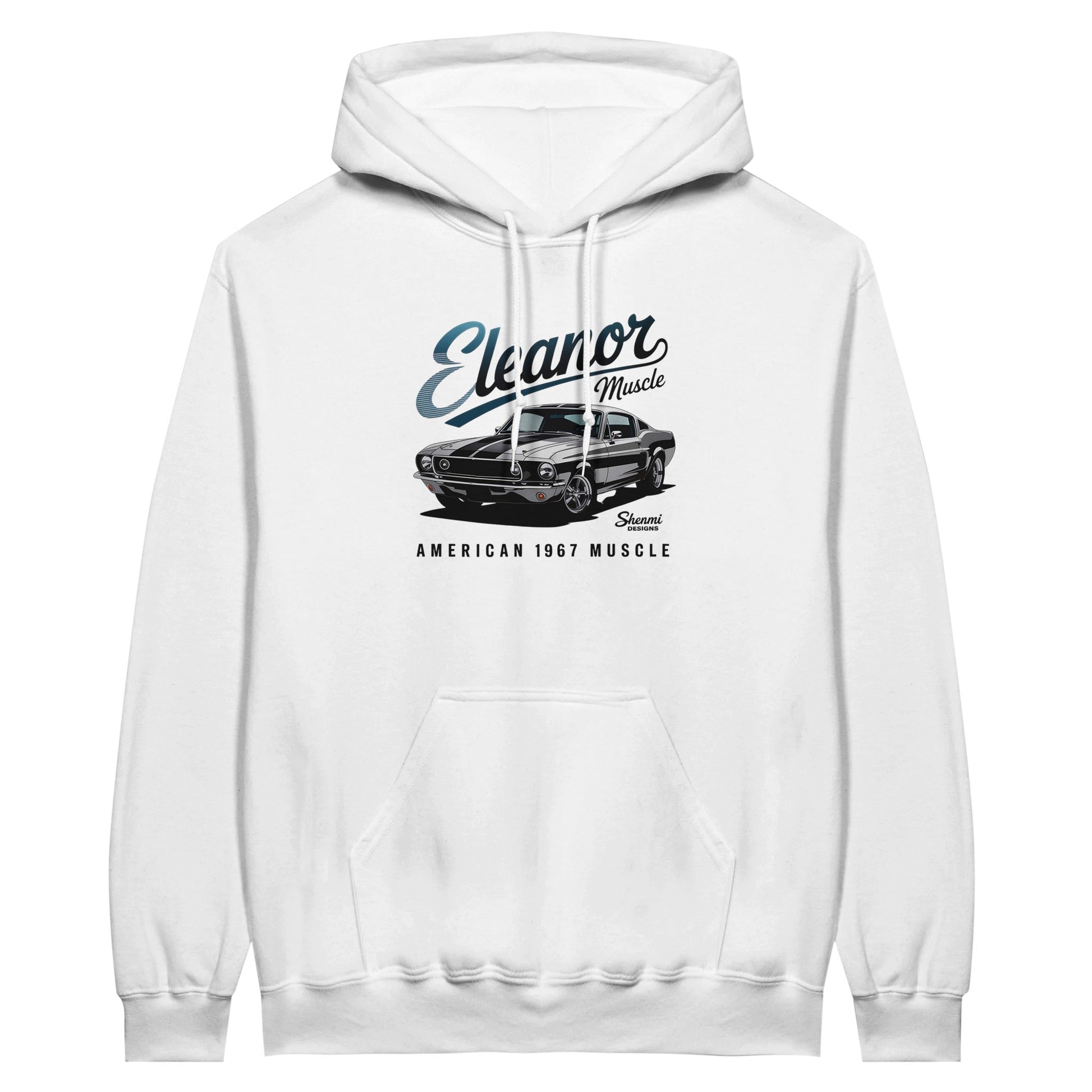 White Eleanor Hoodie with Muscle Car graphic and front pocket for men and women