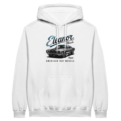 White Eleanor Hoodie with Muscle Car graphic and front pocket for men and women