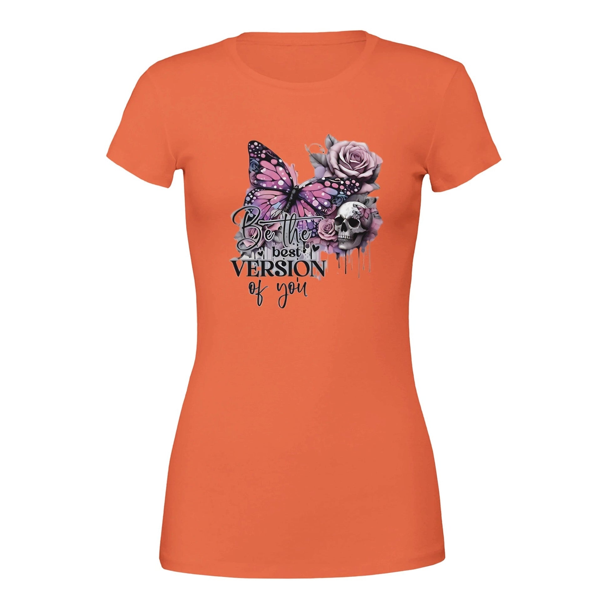 Premium women's crewneck t-shirt in orange with "Best of You" butterfly and floral graphic design, soft cotton tee for casual wear