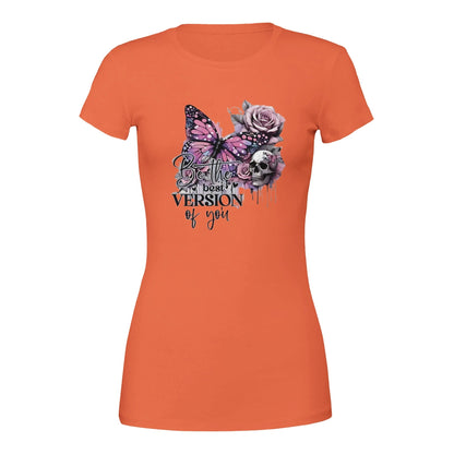 Premium Damen-Crewneck-T-Shirt in Orange mit Schmetterlings- und Rosenmotiv und inspirierendem "Best of You"-Schriftzug aus weichem Baumwollstoff