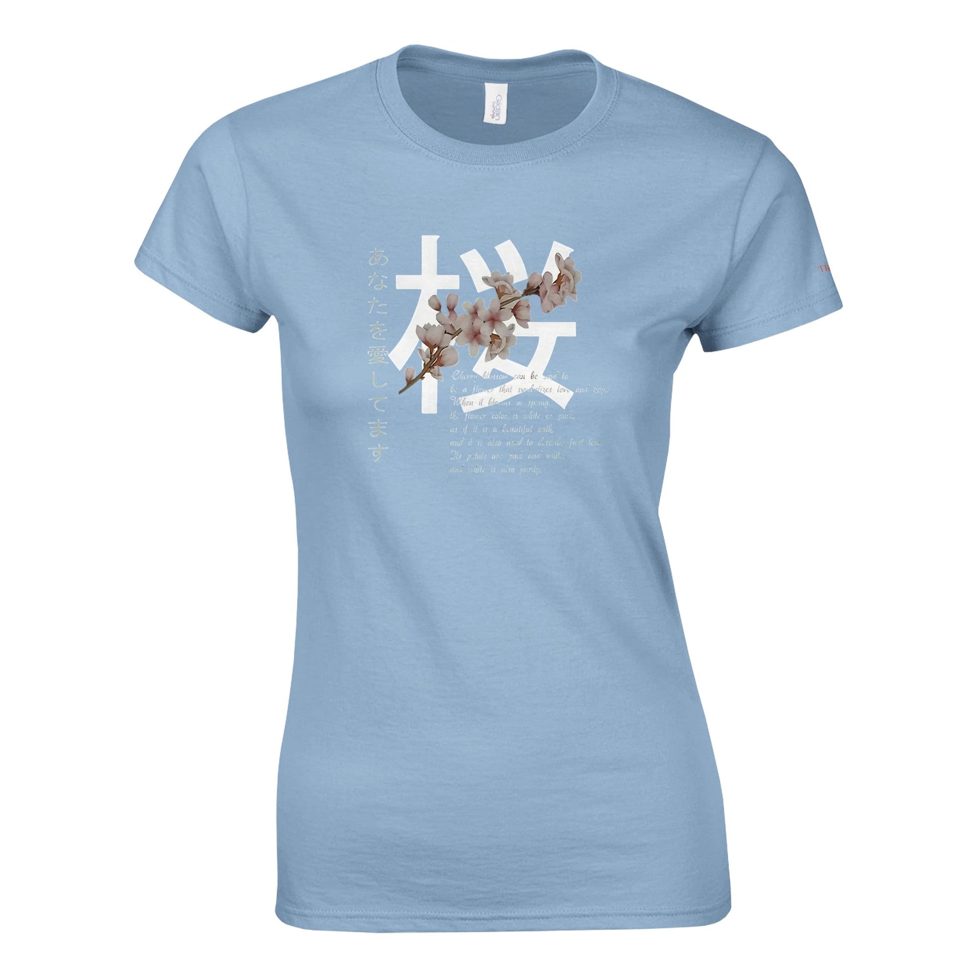 Damen-Kirschblüten-Träume T-Shirt aus weicher Baumwolle in Hellblau mit Kirschblütenmotiv und stilvollem Crewneck-Schnitt