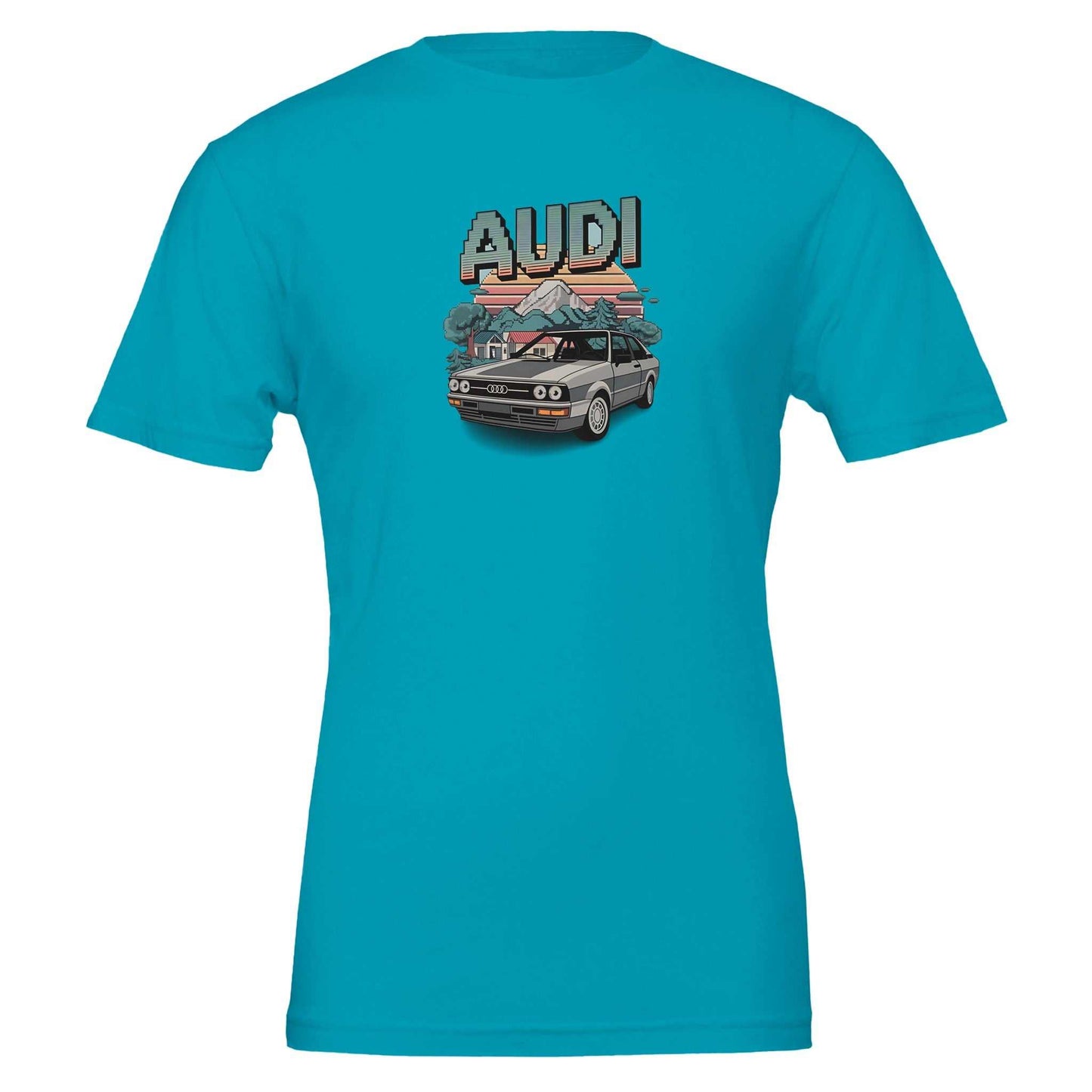 oldschool t-shirt featuring minecraft style audi car design on blue cotton tee