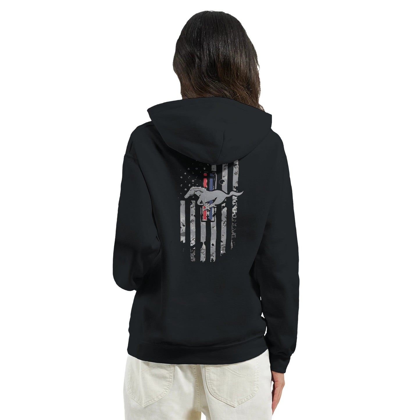 stylish black unisex hoodie for car enthusiasts with mustang and american flag design on back